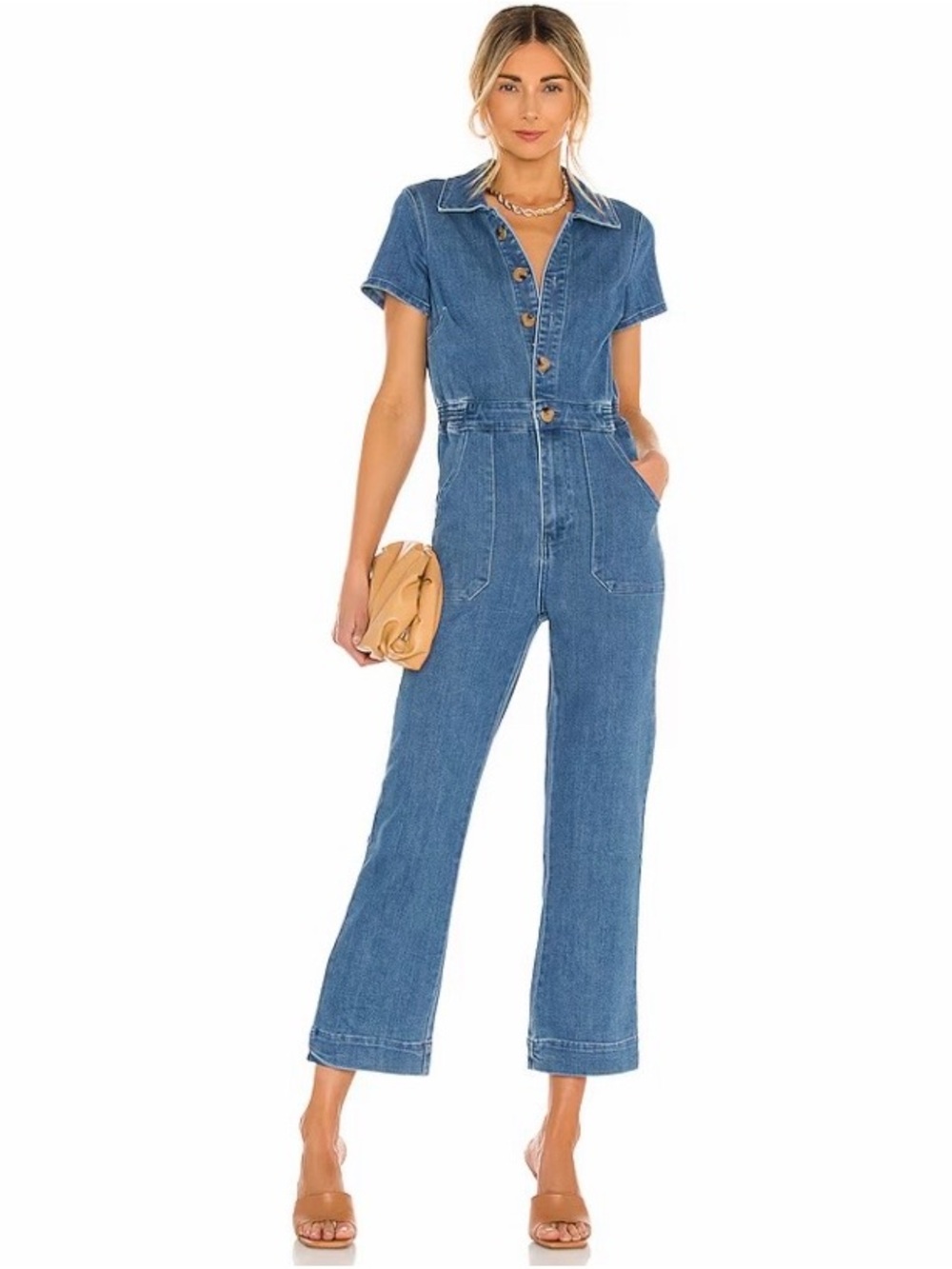 REVOLVE Show Me Your MuMu Blue Short-Sleeve Denim Jumpsuit • msrp $188